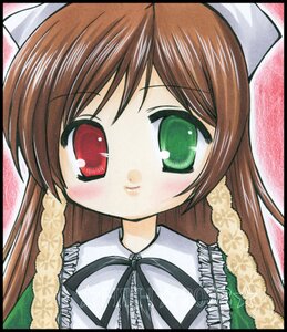 Rating: Safe Score: 0 Tags: 1girl black_border black_ribbon blush border brown_hair circle_cut closed_mouth dress eyebrows_visible_through_hair green_eyes hat image letterboxed long_hair looking_at_viewer red_eyes ribbon smile solo suiseiseki User: admin