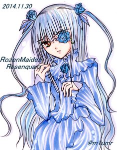 Rating: Safe Score: 0 Tags: 1girl barasuishou blue_flower blue_rose dress eyepatch flower image long_hair long_sleeves looking_at_viewer ribbon rose solo striped vertical-striped_dress vertical_stripes very_long_hair User: admin