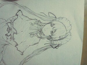 Rating: Safe Score: 0 Tags: 1girl capelet closed_mouth dress image long_hair long_sleeves looking_at_viewer monochrome own_hands_together shinku solo traditional_media twintails User: admin