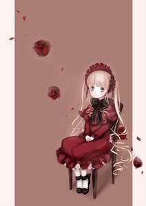 Rating: Safe Score: 0 Tags: 1girl apple blonde_hair bow chair dress flower food fruit green_eyes image long_hair petals red_flower red_rose rose rose_petals shinku sitting solo User: admin
