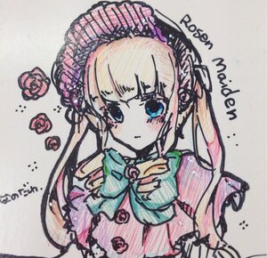 Rating: Safe Score: 0 Tags: 1girl bangs blonde_hair blue_eyes blush bow dress flower image long_hair long_sleeves looking_at_viewer marker_(medium) photo pink_flower pink_rose rose shinku solo traditional_media twintails upper_body User: admin