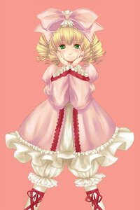 Rating: Safe Score: 0 Tags: 1girl blonde_hair bloomers bow dress drill_hair frills full_body green_eyes hair_bow hands_on_own_face hina_ichigo hinaichigo image long_sleeves looking_at_viewer pink_bow short_hair simple_background smile solo standing underwear User: admin