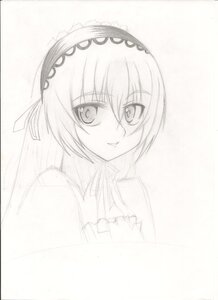 Rating: Safe Score: 0 Tags: 1girl eyebrows_visible_through_hair hairband image long_hair looking_at_viewer monochrome simple_background smile solo suigintou white_background User: admin