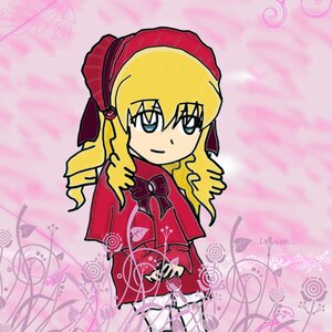 Rating: Safe Score: 0 Tags: 1girl blonde_hair blue_eyes bonnet bow bowtie dress drill_hair image long_hair long_sleeves looking_at_viewer red_capelet red_dress rose shinku signature solo standing User: admin