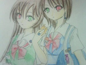 Rating: Safe Score: 0 Tags: 2girls bow brown_hair green_eyes heterochromia image multiple_girls pair red_eyes school_uniform short_hair short_sleeves siblings sisters souseiseki suiseiseki traditional_media twins User: admin