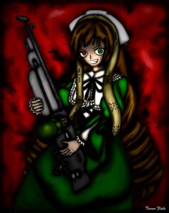 Rating: Safe Score: 0 Tags: 1girl brown_hair dress green_dress green_eyes grin gun heterochromia image long_hair long_sleeves red_eyes smile solo suiseiseki weapon User: admin