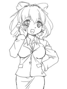 Rating: Safe Score: 0 Tags: 1girl :d breasts formal greyscale hakurei_reimu hand_on_hip hinaichigo image large_breasts looking_at_viewer monochrome open_mouth shirt skirt smile solo striped suit User: admin