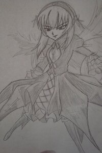Rating: Safe Score: 0 Tags: 1girl akemi_homura auto_tagged dress feathered_wings graphite_(medium) greyscale image long_hair looking_at_viewer monochrome ribbon simple_background solo suigintou traditional_media white_background User: admin