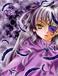 Rating: Safe Score: 0 Tags: 1girl barasuishou blue_flower blue_rose dress eyepatch feathers flower image long_hair purple_flower purple_hair purple_rose rose solo yellow_eyes User: admin