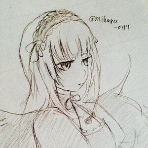 Rating: Safe Score: 0 Tags: 1girl bangs closed_mouth greyscale hairband image jewelry long_hair long_sleeves monochrome necklace solo suigintou traditional_media twitter_username upper_body User: admin