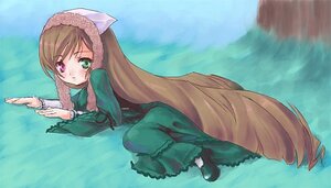 Rating: Safe Score: 0 Tags: 1girl black_footwear brown_hair dress frills full_body green_dress green_eyes hat heterochromia image long_hair long_sleeves looking_at_viewer lying outdoors red_eyes shoes solo suiseiseki very_long_hair User: admin