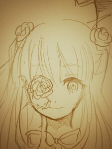 Rating: Safe Score: 0 Tags: 1girl flower hair_flower hair_ornament image kirakishou long_hair monochrome rose smile solo traditional_media two_side_up User: admin