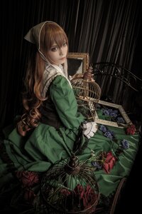 Rating: Safe Score: 0 Tags: 1girl birdcage blonde_hair brown_hair cage dress flower green_dress head_scarf lips long_hair looking_at_viewer rose solo suiseiseki User: admin