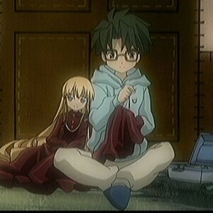 Rating: Safe Score: 0 Tags: 1boy 1girl blonde_hair glasses image indian_style indoors long_hair long_sleeves pants shinku sitting solo User: admin