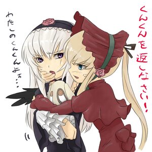 Rating: Safe Score: 0 Tags: 2girls black_wings blonde_hair blue_eyes blush bonnet bow dress flower hairband image long_hair long_sleeves multiple_girls open_mouth pair red_dress rose shinku silver_hair suigintou wings yuri User: admin