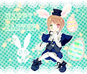 Rating: Safe Score: 0 Tags: 1girl animal_ears bunny_ears green_eyes halftone halftone_background hat heterochromia image long_sleeves pantyhose polka_dot polka_dot_background red_eyes solo souseiseki top_hat white_legwear User: admin