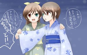 Rating: Safe Score: 0 Tags: 2girls brown_eyes brown_hair floral_print green_eyes hair_ribbon heterochromia image japanese_clothes kimono long_hair multiple_girls open_mouth pair ponytail red_eyes ribbon siblings sisters souseiseki speech_bubble suiseiseki User: admin
