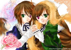 Rating: Safe Score: 0 Tags: 2girls 3girls brown_hair dress frills green_dress green_eyes head_scarf heterochromia holding_hands image interlocked_fingers long_hair long_sleeves looking_at_viewer multiple_girls open_mouth pair red_eyes siblings sisters souseiseki suiseiseki twins very_long_hair User: admin