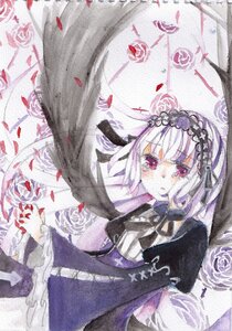 Rating: Safe Score: 0 Tags: 1girl black_ribbon blush dress flower frills hairband image long_hair long_sleeves looking_at_viewer petals pink_eyes ribbon rose rose_petals solo suigintou traditional_media very_long_hair watercolor_(medium) User: admin