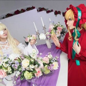 Rating: Safe Score: 0 Tags: 2girls blonde_hair bouquet dress flower long_hair long_sleeves multiple_cosplay multiple_girls photo shinku tagme User: admin