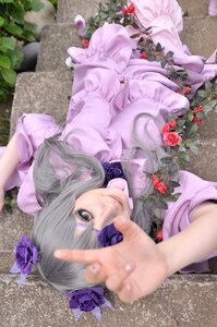 Rating: Safe Score: 0 Tags: 1girl barasuishou blurry depth_of_field dress flower grey_hair hair_ornament purple_flower purple_rose rose solo User: admin