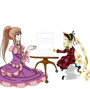 Rating: Safe Score: 0 Tags: 2girls blonde_hair blue_eyes bonnet bow brown_hair cup dress image long_hair multiple_girls pink_bow ponytail profile red_eyes shinku solo teacup very_long_hair User: admin