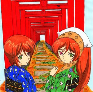 Rating: Safe Score: 0 Tags: 2girls green_eyes head_scarf heterochromia hoshizora_rin image japanese_clothes kimono long_hair looking_at_viewer looking_back multiple_girls orange_hair pair purple_eyes red_eyes red_hair short_hair siblings sisters souseiseki suiseiseki twins yellow_eyes User: admin