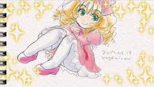 Rating: Safe Score: 0 Tags: +_+ 1girl blonde_hair blush bow diffraction_spikes dress glint green_eyes hat hina_ichigo hinaichigo image looking_at_viewer pink_bow short_hair smile solo sparkle sparkle_background sparkling_eyes star_(symbol) traditional_media User: admin