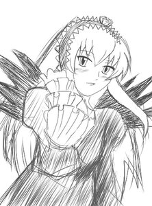 Rating: Safe Score: 0 Tags: 1girl auto_tagged blush dress frills greyscale image lolita_hairband long_hair long_sleeves looking_at_viewer monochrome simple_background solo suigintou upper_body very_long_hair white_background wings User: admin