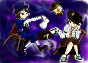 Rating: Safe Score: 0 Tags: 2girls brown_hair chair crossed_legs cup fedora green_eyes hat heterochromia image long_sleeves multiple_girls necktie pants red_eyes short_hair siblings sisters sitting smile solo souseiseki top_hat twins User: admin