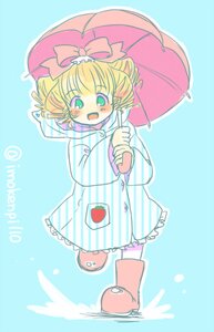 Rating: Safe Score: 0 Tags: 1girl :d blonde_hair blue_background blush bow dress full_body green_eyes hair_bow hina_ichigo hinaichigo holding_umbrella image long_sleeves open_mouth parasol pink_bow rain raincoat red_umbrella rubber_boots smile solo standing striped twitter_username umbrella User: admin