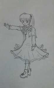 Rating: Safe Score: 0 Tags: 1girl boots closed_eyes dress full_body greyscale image long_hair long_sleeves monochrome ponytail shinku simple_background solo standing traditional_media User: admin