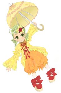 Rating: Safe Score: 0 Tags: 1girl :o ahoge bloomers bow dress flower full_body green_eyes green_hair hair_ornament holding_umbrella image kanaria long_sleeves parasol personification ribbon short_hair simple_background solo standing striped umbrella underwear white_background User: admin