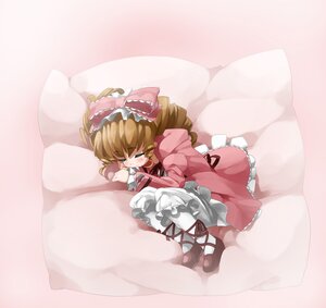 Rating: Safe Score: 0 Tags: 1girl blonde_hair blush bow closed_eyes commentary_request couch dress drill_hair frills hair_bow hina_ichigo hinaichigo image kaisen_chuui long_sleeves lying on_side photoshop_(medium) pillow pink_bow pink_dress ribbon rozen_maiden shoes short_hair sleeping solo striped underwear white_legwear User: admin