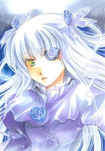 Rating: Safe Score: 0 Tags: 1girl bangs barasuishou blue_flower blue_rose blue_theme bow dress flower frills hair_ribbon image long_hair ribbon rose silver_hair solo traditional_media upper_body yellow_eyes User: admin