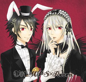Rating: Safe Score: 0 Tags: 1boy 1girl animal_ears black_hair bowtie bunny_ears dress frills hairband hat image long_hair long_sleeves looking_at_viewer puffy_sleeves red_eyes silver_hair solo suigintou top_hat white_hair wings User: admin