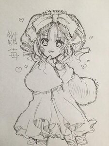 Rating: Safe Score: 0 Tags: 1girl auto_tagged blush bow greyscale heart heart-shaped_pupils hinaichigo image kagiyama_hina long_sleeves looking_at_viewer monochrome open_mouth photo ribbon smile solo symbol-shaped_pupils traditional_media wide_sleeves User: admin