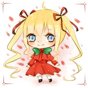 Rating: Safe Score: 0 Tags: 1girl blonde_hair blue_eyes blush bow bowtie chibi dress flower full_body hair_ribbon image long_hair looking_at_viewer petals ribbon rose shinku solo sparkle twintails white_legwear User: admin