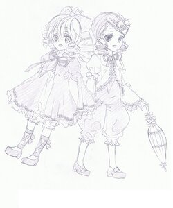 Rating: Safe Score: 0 Tags: 2girls bloomers bow dress drill_hair flower hair_ornament hinaichigo holding_hands image kanaria long_hair monochrome multiple_girls open_mouth pair ribbon short_hair smile striped striped_legwear twin_drills vertical_stripes User: admin