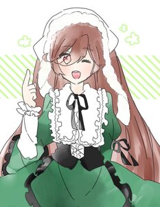 Rating: Safe Score: 0 Tags: 1girl ;d bangs brown_hair dress eyebrows_visible_through_hair frills green_dress image long_hair long_sleeves one_eye_closed open_mouth ribbon smile solo suiseiseki very_long_hair User: admin