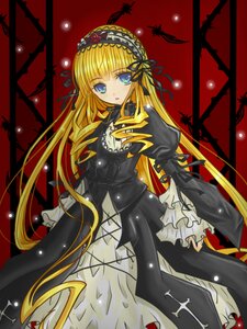 Rating: Safe Score: 0 Tags: 1girl blonde_hair blue_eyes costume_switch dress frills hairband image long_hair long_sleeves looking_at_viewer red_background solo very_long_hair User: admin