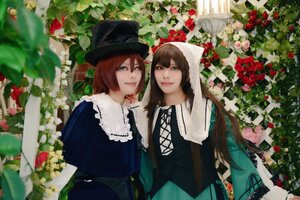 Rating: Safe Score: 0 Tags: 2girls bangs brown_hair dress flower green_eyes hat lips long_hair looking_at_viewer multiple_cosplay multiple_girls outdoors plant red_flower red_rose rose short_hair siblings sisters smile tagme twins User: admin