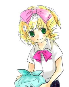 Rating: Safe Score: 0 Tags: 1girl blonde_hair blush bow bowtie green_eyes hair_bow hina_ichigo hinaichigo image looking_at_viewer pink_bow pink_neckwear shirt short_hair short_sleeves simple_background skirt smile solo white_background white_shirt User: admin