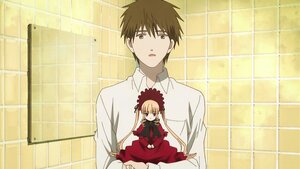 Rating: Safe Score: 0 Tags: 1boy 1girl blonde_hair bowtie brown_eyes brown_hair dress image long_hair long_sleeves red_dress shinku sitting solo tile_floor tile_wall tiles User: admin
