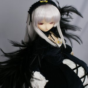 Rating: Safe Score: 0 Tags: 1girl black_dress black_wings detached_collar doll dress feathers frills grey_background hairband long_hair long_sleeves looking_at_viewer rose silver_hair simple_background solo suigintou wings User: admin