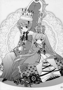 Rating: Safe Score: 0 Tags: 2girls crown doujinshi doujinshi_#24 dress frills greyscale hat image jewelry long_hair monochrome multiple multiple_girls smile very_long_hair User: admin