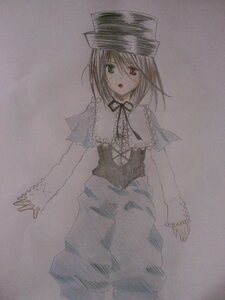 Rating: Safe Score: 0 Tags: 1girl :o capelet green_eyes hat heterochromia image long_sleeves looking_at_viewer open_mouth red_eyes simple_background solo souseiseki traditional_media User: admin