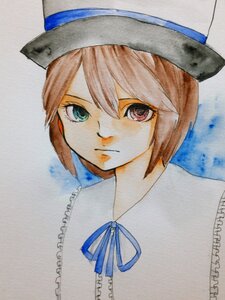 Rating: Safe Score: 0 Tags: 1girl acrylic_paint_(medium) blue_headwear blue_neckwear blue_ribbon brown_hair closed_mouth frills hair_between_eyes hat image looking_at_viewer millipen_(medium) portrait red_eyes ribbon short_hair solo souseiseki traditional_media watercolor_(medium) User: admin