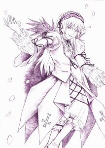 Rating: Safe Score: 0 Tags: 1girl dress frilled_sleeves frills greyscale hairband image kneehighs long_hair long_sleeves looking_at_viewer monochrome petals ribbon smile solo suigintou traditional_media wings User: admin