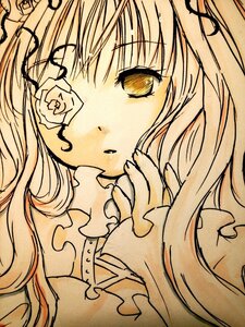 Rating: Safe Score: 0 Tags: 1girl bangs flower frills image kirakishou long_hair looking_at_viewer monochrome parted_lips rose simple_background solo traditional_media User: admin